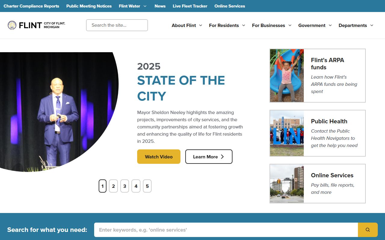 City of Flint website showing resources for searching Flint felony records
