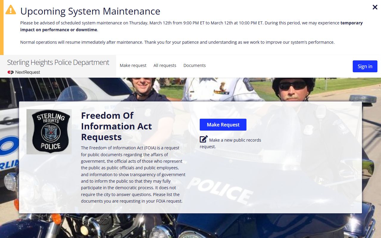 Sterling Heights Police FOIA portal for felony records