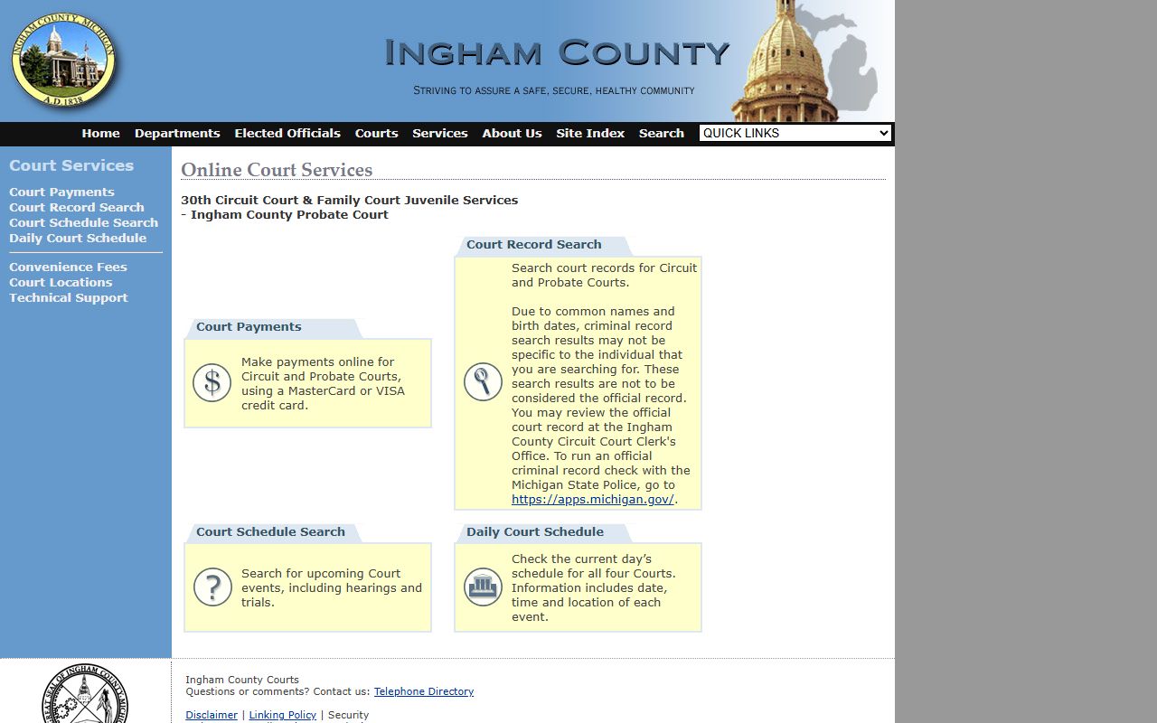 Ingham County Courts website for felony records in Lansing