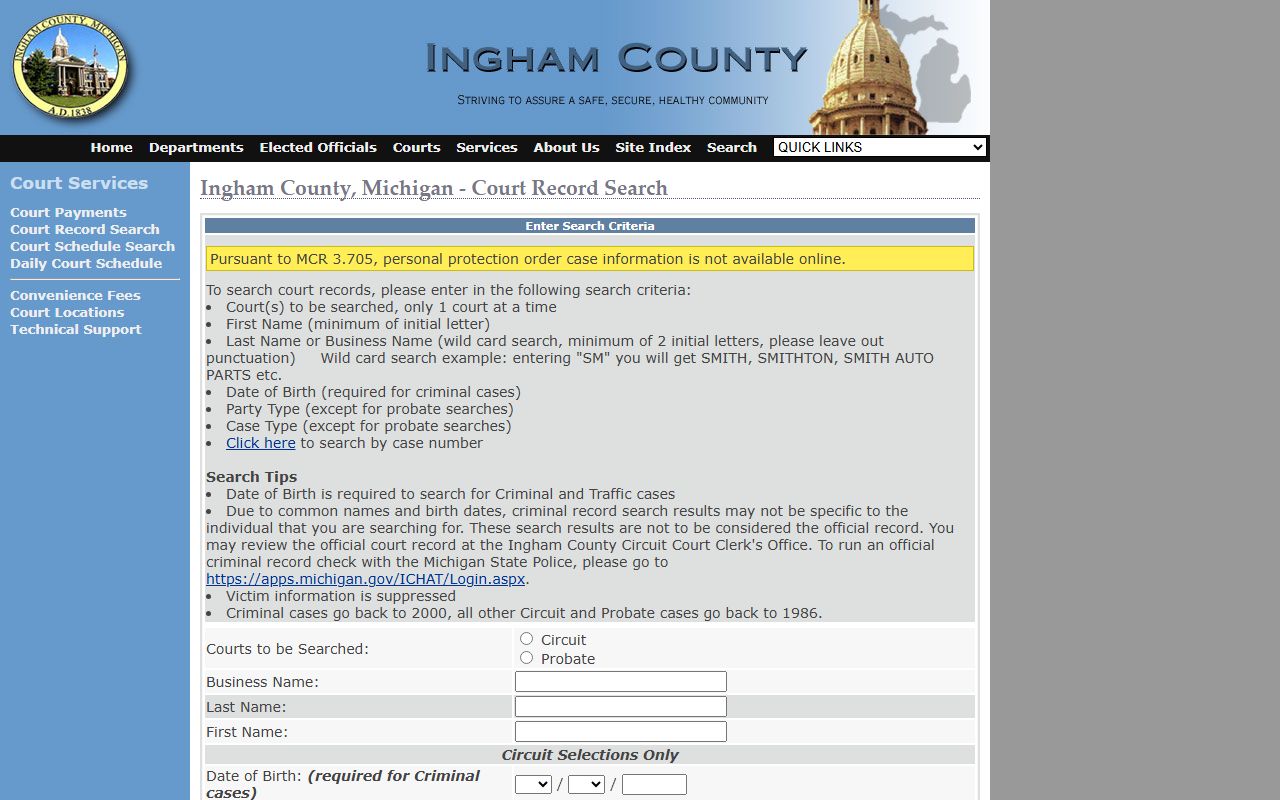Ingham County court record search portal for felony records