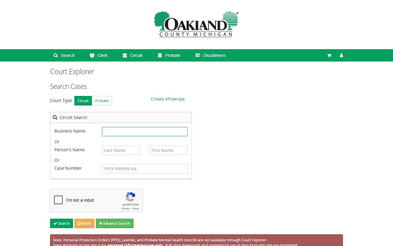 Oakland County Court Explorer case search for felony records