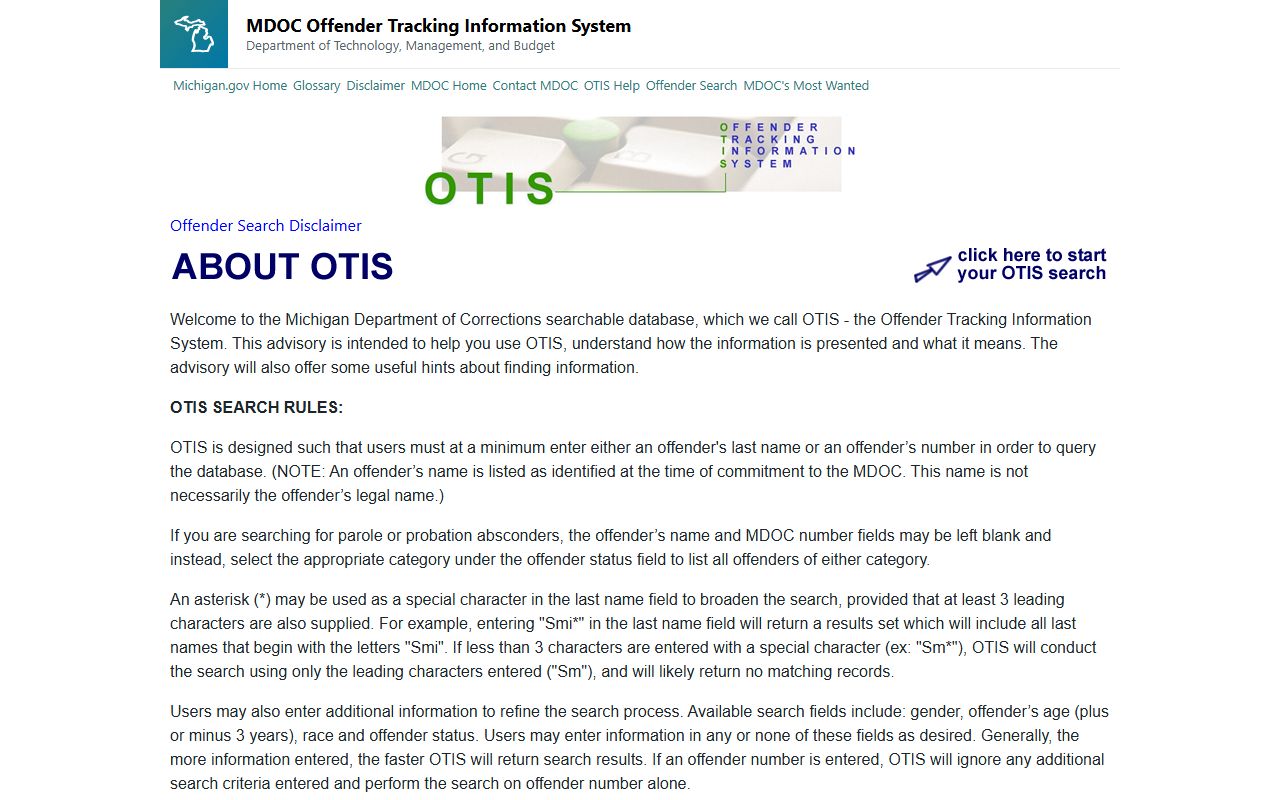 Michigan OTIS about page explaining offender tracking fields