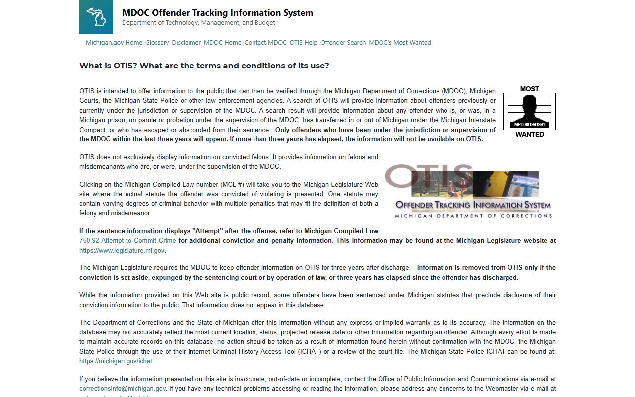 Michigan OTIS offender search tool for felony records