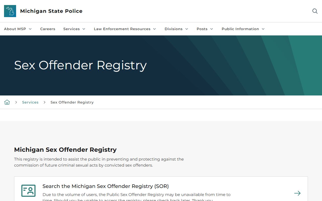 Michigan Public Sex Offender Registry search page